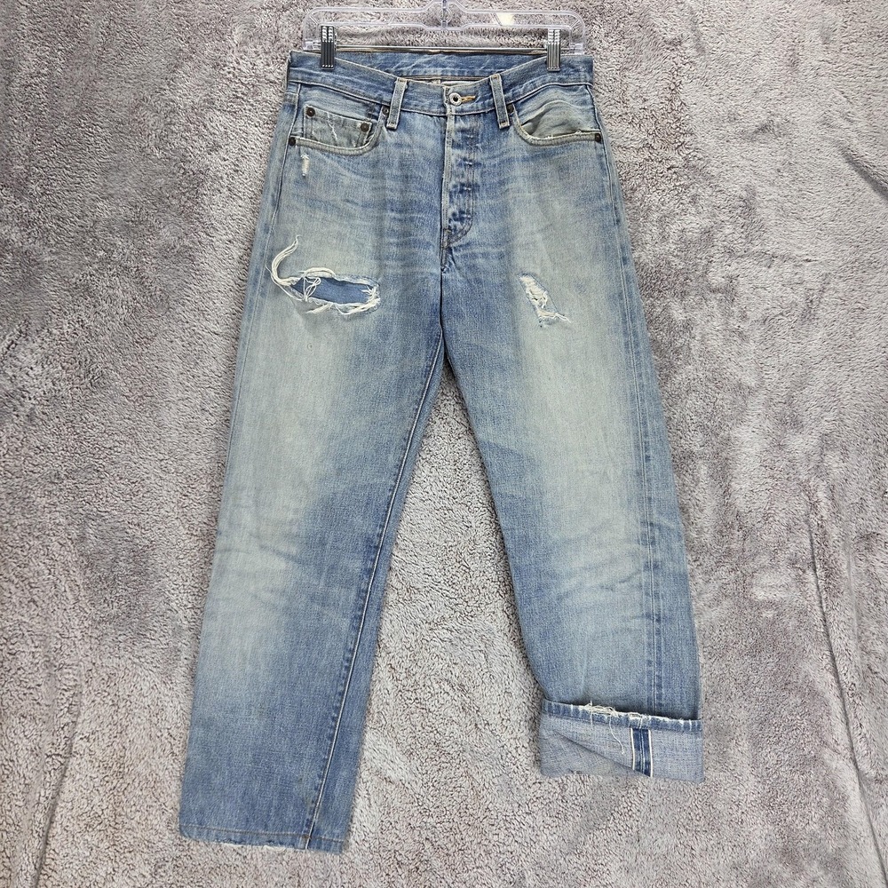 Levis 501 Jeans Mens Blue Selvedge Light Wash Thrashed Button Fly Fits 29x28